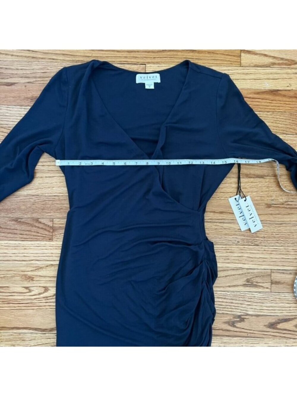 NWT Velvet Navy Faux Wrap Midi Dress M Ruched Modest Special Occasion Classic - Picture 10 of 11